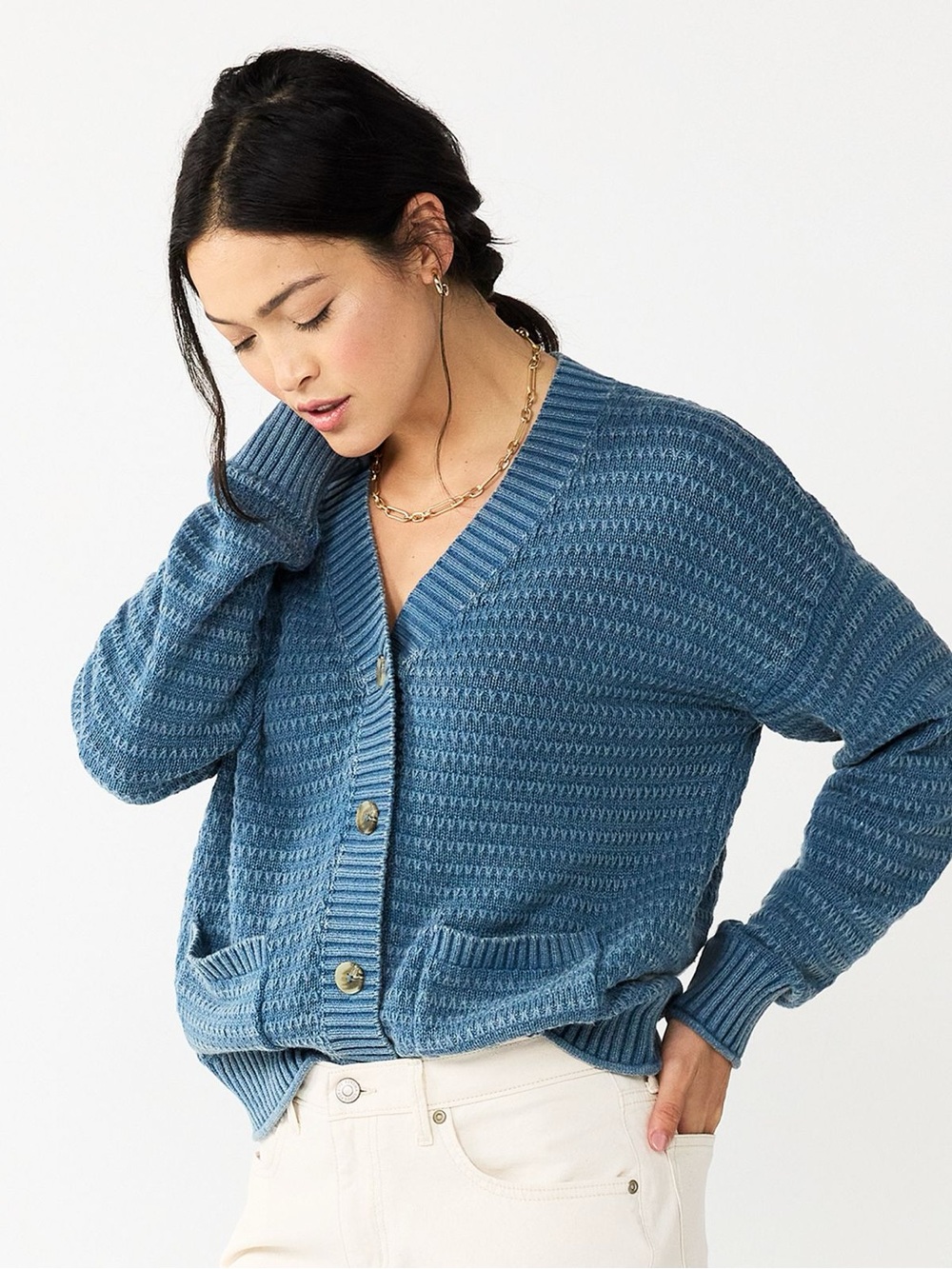 Sonoma Blue Textured V-Neck Button Cardigan